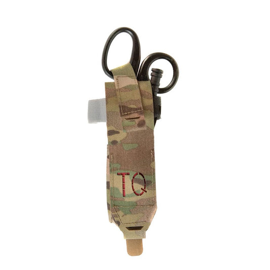 Raine Tactical tourniquet pouch with shears holder showing GRIDLOK MOLLE attachment and laser-cut TQ identification