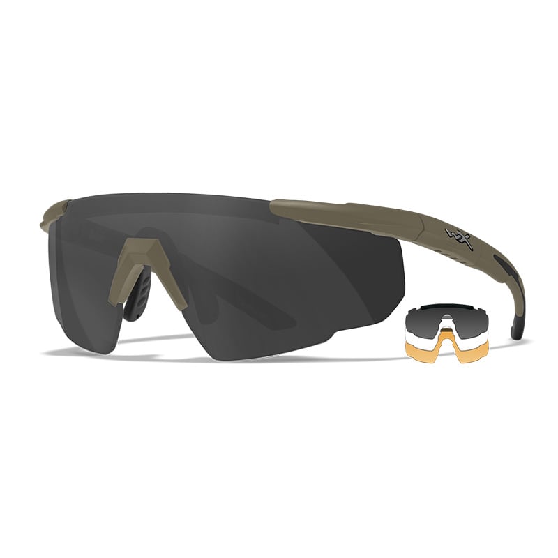 Wiley X Saber Advanced tactical eyewear in matte tan frame with smoke grey lens and interchangeable lens system