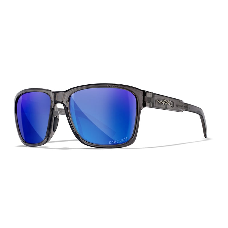 Wiley X Trek safety sunglasses with gloss crystal dark grey frame and blue mirror polarized lenses
