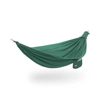 ENO TechNest hammock in spruce green with recycled ripstop nylon fabric and aluminum carabiners