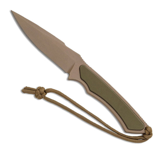 Spartan Blades Phrike fixed blade knife with black G10 handle and Kydex sheath showing swedged drop point blade design