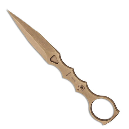 Spartan Blades CQB Tool ring dagger with black coating and Kydex sheath showing saber ground blade design