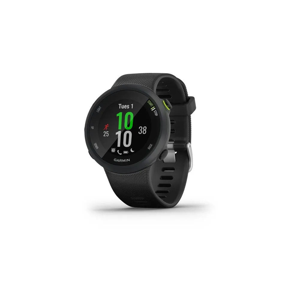 Garmin Forerunner 45 GPS running watch with black silicone band and digital display showing fitness metrics