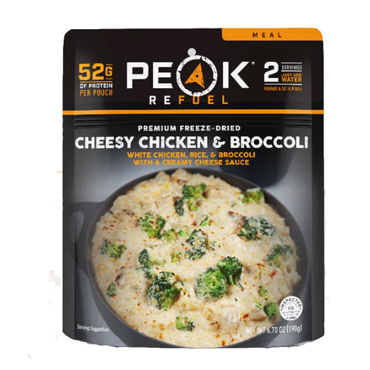 Peak ReFuel Cheesy Chicken & Broccoli freeze-dried meal pouch showing white chicken, rice and broccoli