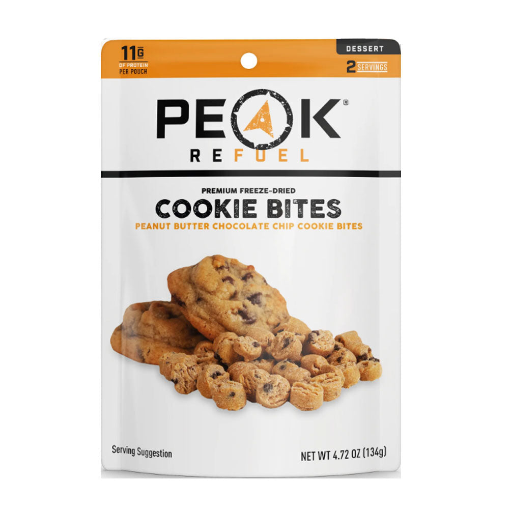 Peak ReFuel peanut butter chocolate chip cookie bites package for camping and hiking trail food