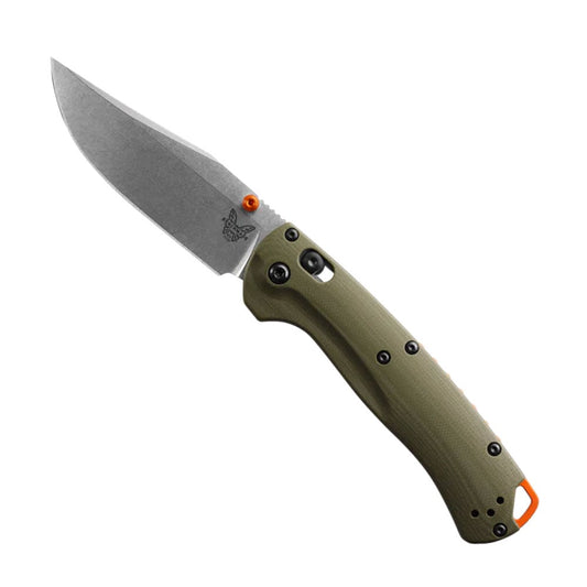 Benchmade 15536 Taggedout folding knife with satin clip point blade and OD Green G10 handle scales