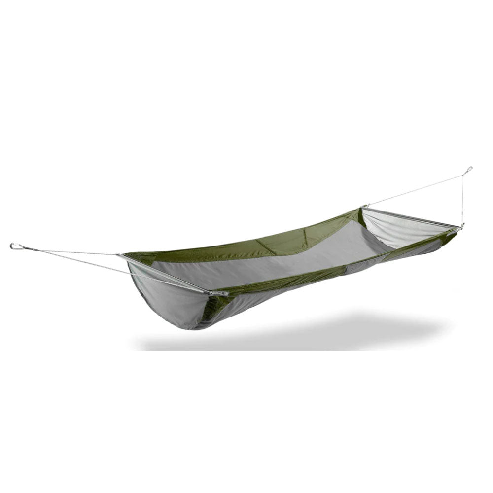 ENO SkyLoft hammock with aluminum spreader bars in olive and grey colorway showing dual-mode toggle system
