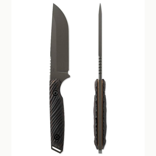 Toor Knives Field 2.0 fixed blade knife with walnut Dynamic Fluting handle and leather sheath on white background