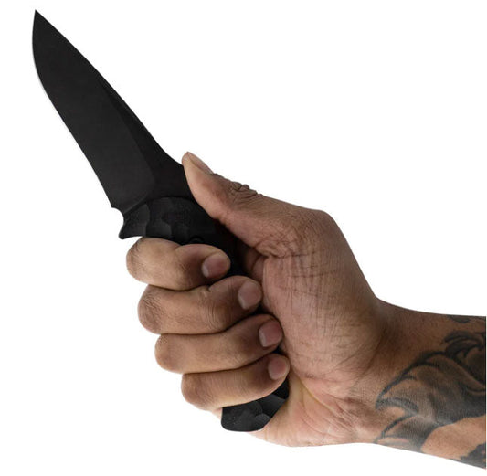 Toor Knives Mullet fixed blade knife with black handle and KYDEX sheath showing tungsten carbide breacher ball