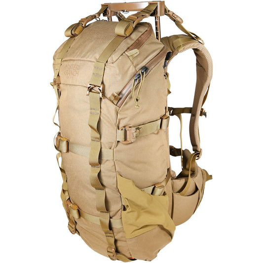 Mystery Ranch Pop Up 30 hunting backpack with Pop-Up Frame system in coyote brown color showing expandable frame design