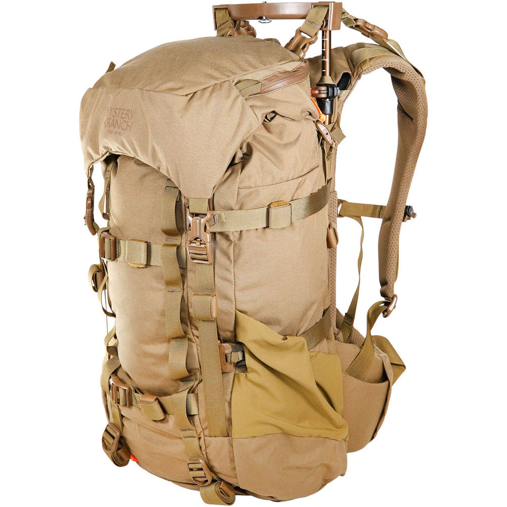 Mystery Ranch Pop Up 40 hunting pack with Pop-Up Frame system in camouflage pattern showing expandable design