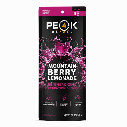 Peak Refuel Mountain Berry Lemonade Re-Energizing Drink Sticks 5-pack box with individual stick packets