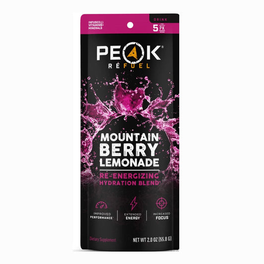 Peak Refuel Mountain Berry Lemonade Re-Energizing Drink Sticks 5-pack box with individual stick packets