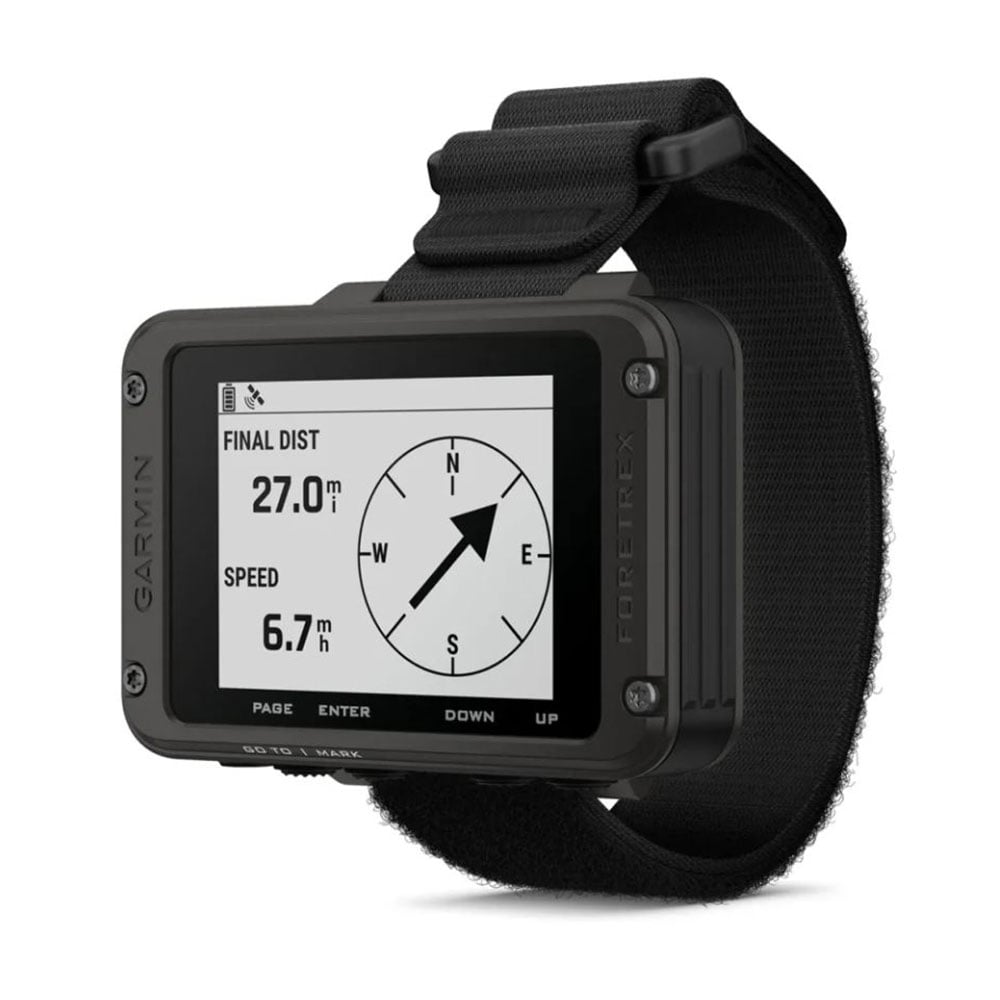 Garmin Foretrex 801 wrist-mounted GPS navigator with monochrome display and tactical wrist strap