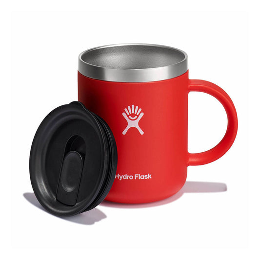 Hydro Flask 12oz travel mug with black soft-touch exterior and press-in lid