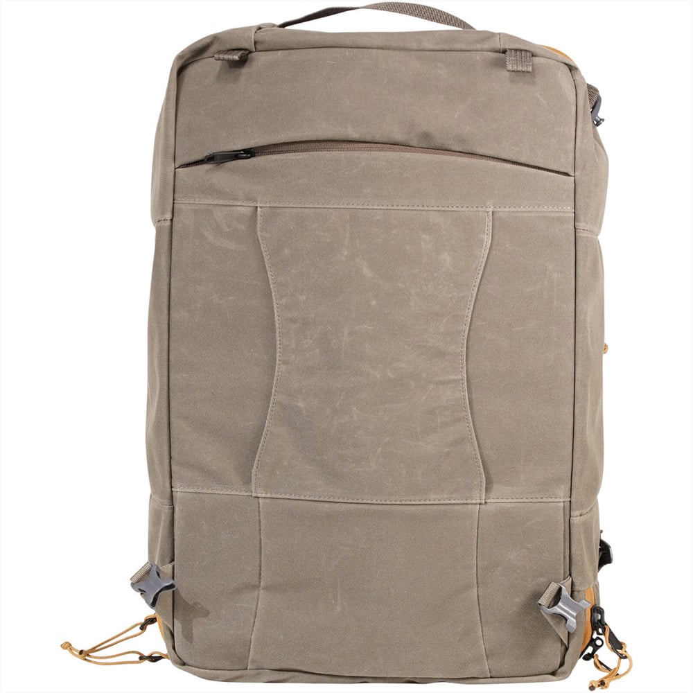 Mystery Ranch Mission Rover 30L travel backpack in wood waxed color showing clamshell opening and organization compartments