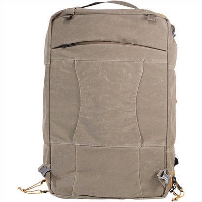 Mystery Ranch Mission Rover 30L travel backpack in wood waxed color showing clamshell opening and organization compartments