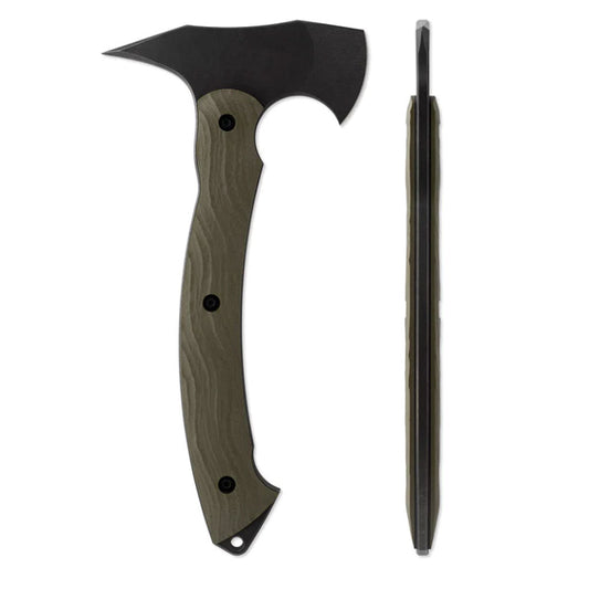 Toor Knives Tomahawk with black oxide blade, textured G10 handle, and Kydex sheath on white background
