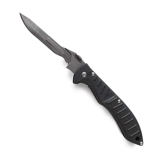 Havalon Piranta Forge folding knife with black rubberized handle and replaceable blade system
