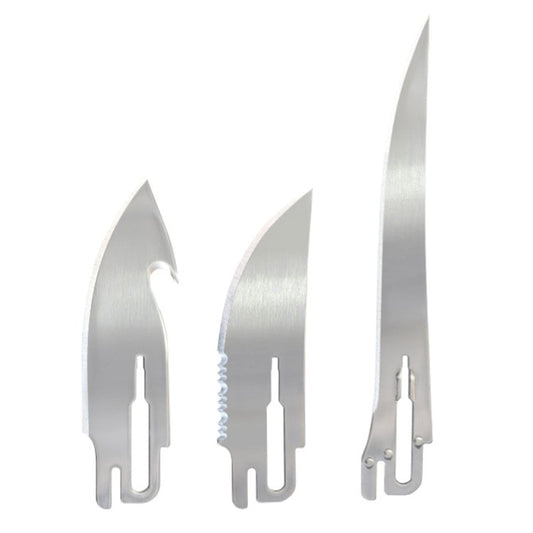 Havalon Talon Hunt replacement blades 3-pack showing gut hook, serrated, and fillet blade designs