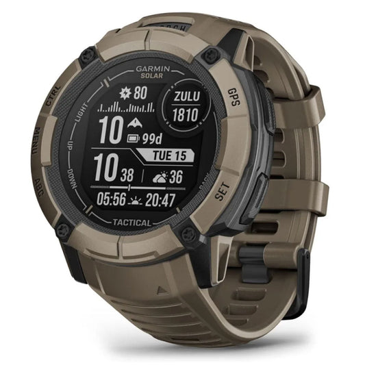 Garmin Instinct 2X Solar Tactical GPS watch in coyote tan color with rugged military-style design
