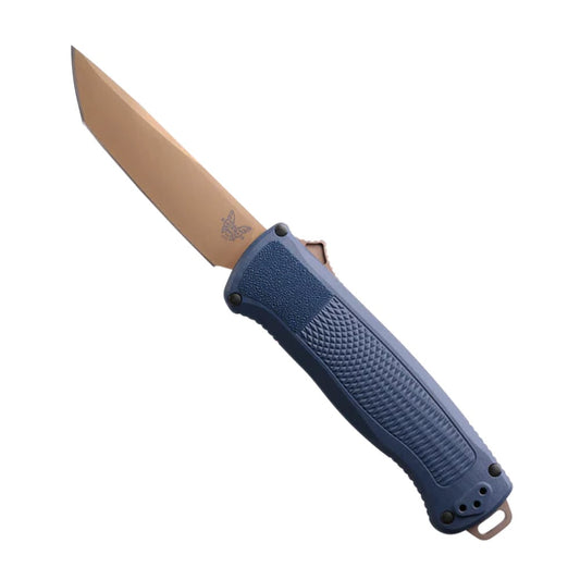 Benchmade 5370FE-01 Shootout automatic knife with blue Grivory handle and tanto blade in Flat Earth finish