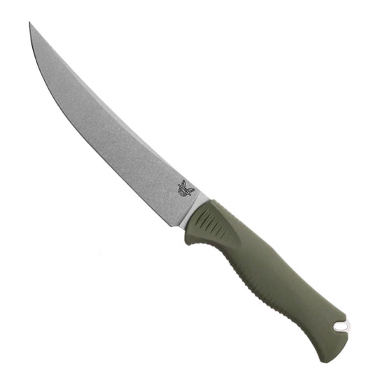 Benchmade 15500-04 Meatcrafter fixed blade knife with dark olive handle and orange-gray sheath on white background