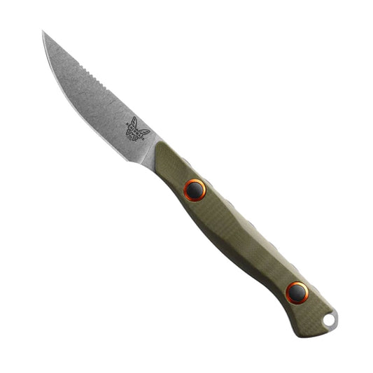 Benchmade Flyway fixed blade knife with OD green G10 handle and orange Boltaron sheath on white background