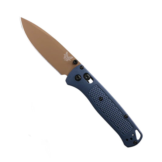 Benchmade 535FE-05 Bugout folding knife with Crater Blue Grivory handle and Flat Earth Cerakote blade finish