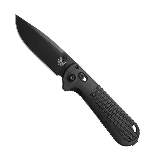 Benchmade 430BK-02 Redoubt folding knife with black drop point blade and textured black Grivory handle scales