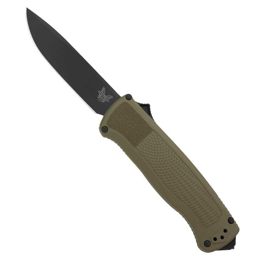 Benchmade Shootout 5371BK-01 automatic OTF knife with black DLC blade and ranger green Grivory handle