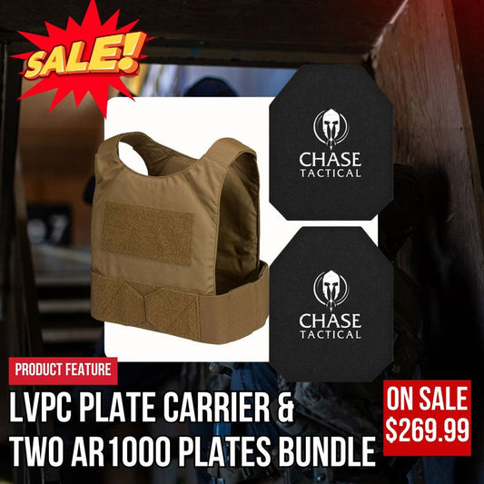 Chase Tactical LVPC plate carrier in black with AR1000 steel armor plates bundle tactical gear