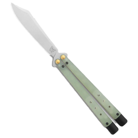 Benchmade Necron 99 butterfly knife with jade G10 handles and stonewash CPM-S30V scimitar blade