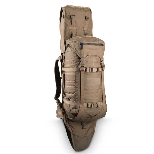 Eberlestock Gunslinger II tactical backpack with integrated rifle scabbard in dry earth color