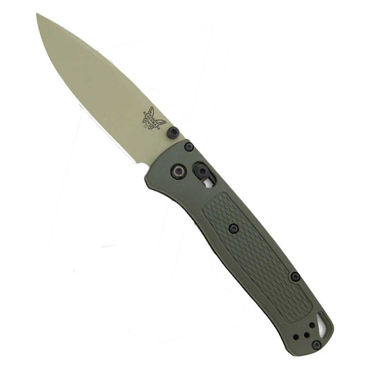 Benchmade 535TN-11 Bugout folding knife with Desert Verde Cerakote blade and Dark Olive Grivory handle scales