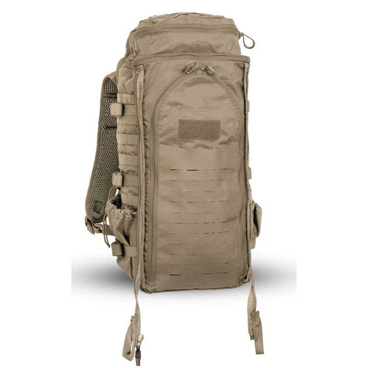 Eberlestock Little Brother tactical backpack in earth tone color with MOLLE webbing and dual access zippers