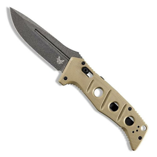 Benchmade 2750GY-3 Auto Adamas folding knife with tungsten grey blade and desert tan G10 handle scales