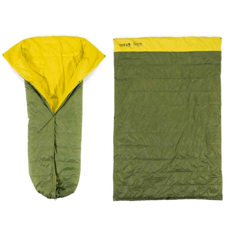 ENO Spark Camp Quilt in evergreen color showing quilted insulation pattern and button snap closure system