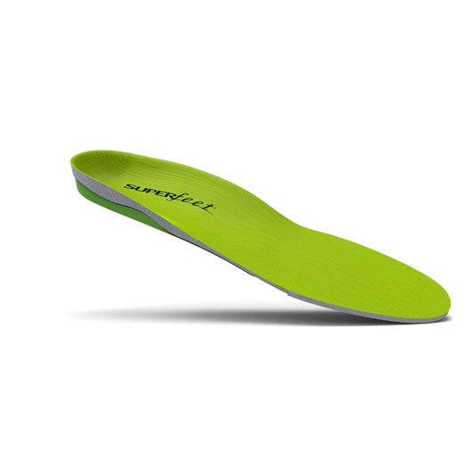 Superfeet Green insoles showing deep heel cup and biomechanical support structure