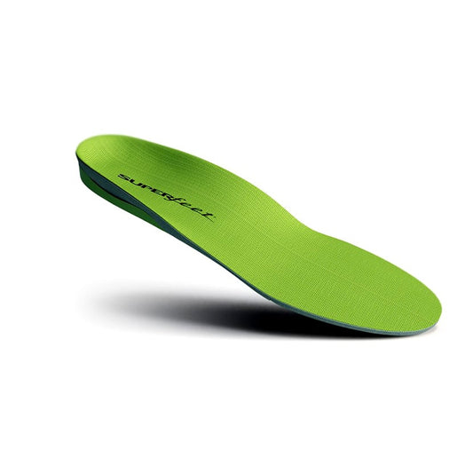 Superfeet Green Wide insoles showing deep heel cup and biomechanical shape for wide feet support