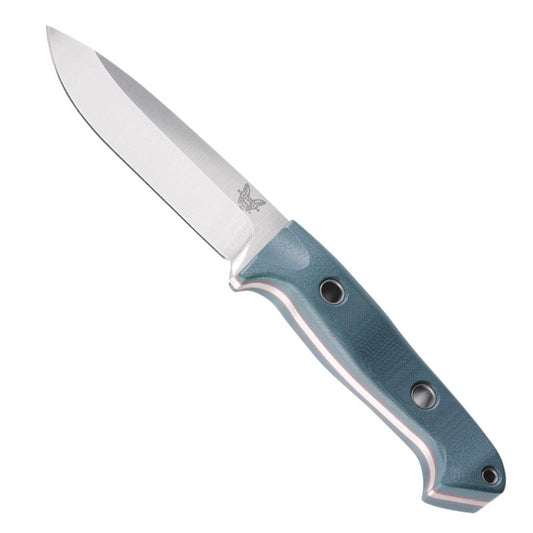 Benchmade 162 Sibert Bushcrafter fixed blade knife with satin finish, green and red G10 handle, and leather belt sheath