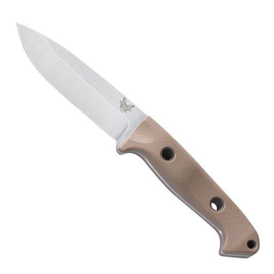 Benchmade 162-1 Bushcrafter fixed blade knife with satin drop-point blade and sand G10 handle with black Kydex sheath