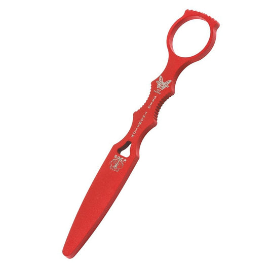 Benchmade SOCP Dagger Trainer with red blade and black injection molded sheath on white background