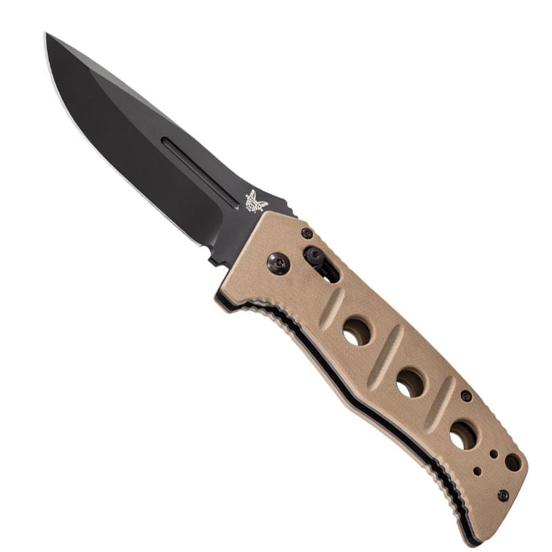 Benchmade 2750BKSN Adamas automatic folding knife with black blade and tan handle scales