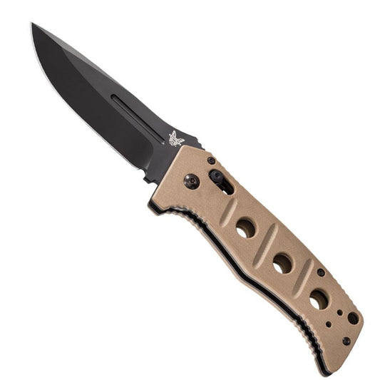 Benchmade 2750BKSN Adamas automatic folding knife with black blade and tan handle scales