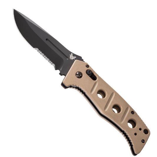 Benchmade 2750SBKSN Auto Adamas automatic knife with black serrated blade and tan G10 handle scales