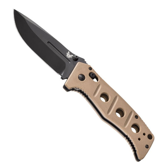 Benchmade 275BKSN Adamas folding knife with black coated blade and tan G10 handle scales