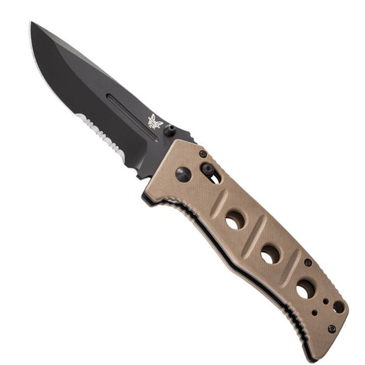 Benchmade 275SBKSN Adamas folding knife with black serrated blade and tan G10 handle scales
