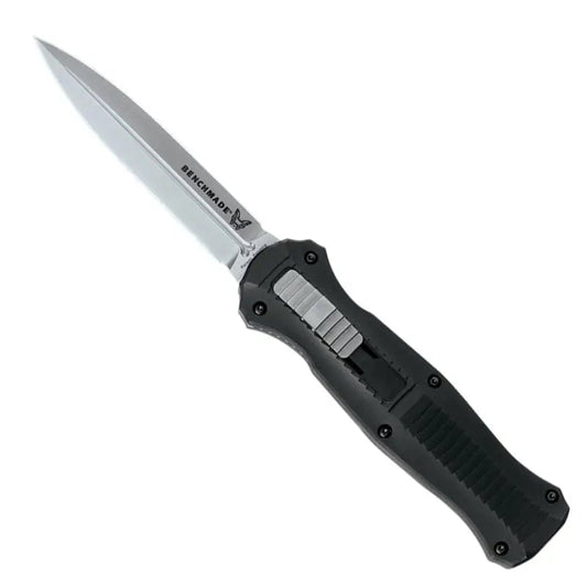 Benchmade Infidel 3300 OTF automatic knife with satin double-edge dagger blade and aluminum handle with MOLLE-compatible clip