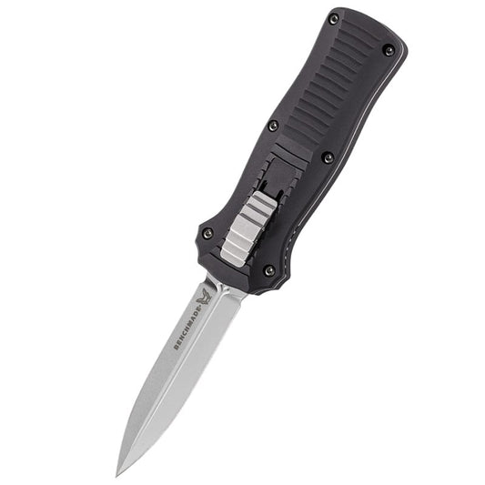 Benchmade 3350 Mini Infidel automatic out-the-front knife with satin double-edge dagger blade and aluminum handle